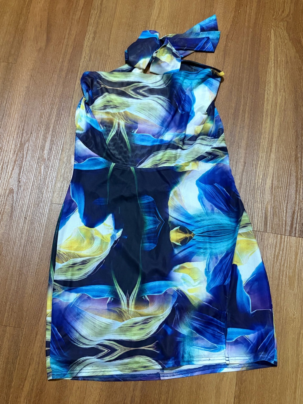 12th Tribe Blue & Yellow Mesh Overlay Halter Draped Neck Dress Mini Size Med